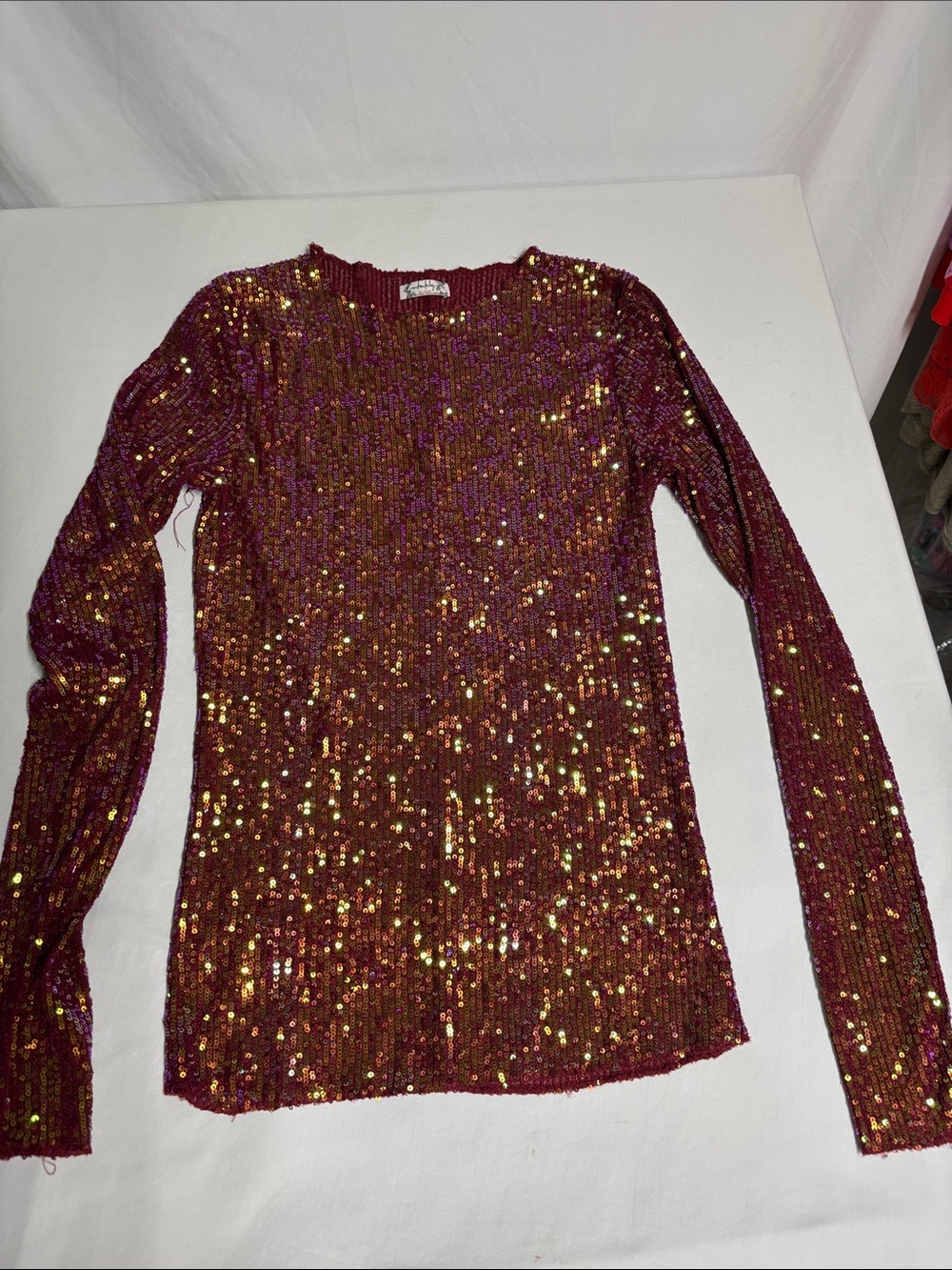 Free People Burgundy Iridescent Sequin Long Sleeve Top Party Y2K